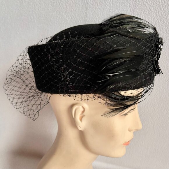 Black Wool Felt Hat iwth Big Feathers, Sequins, Netting - Picture 2 of 10